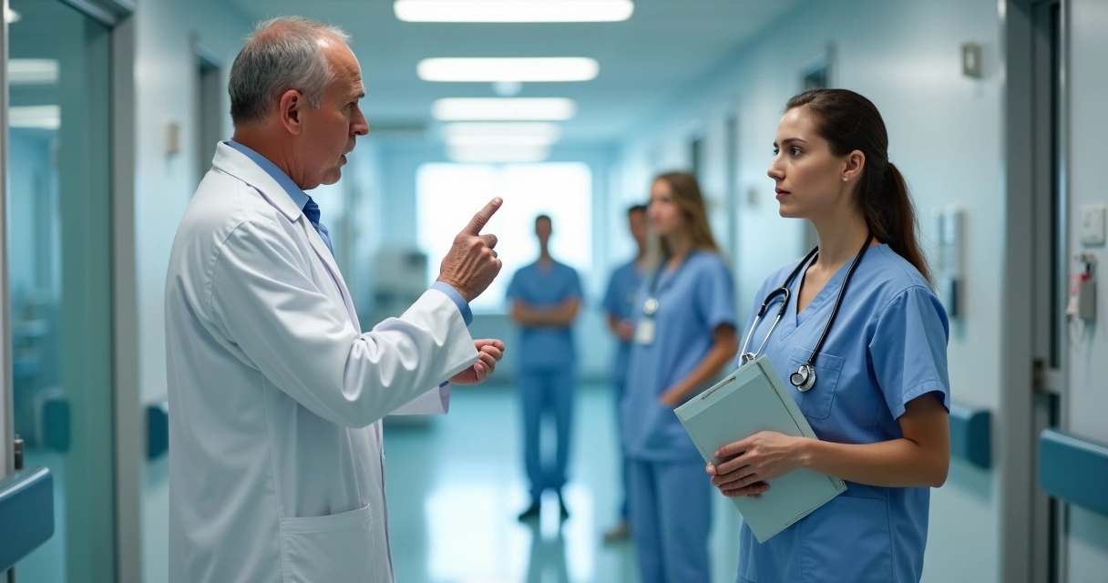 Preceptor discutindo de forma agressiva com estudante de saúde em hospital