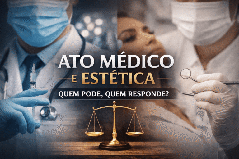 Comparação entre médico e dentista em procedimentos estéticos com símbolo da justiça, representando responsabilidade e segurança jurídica