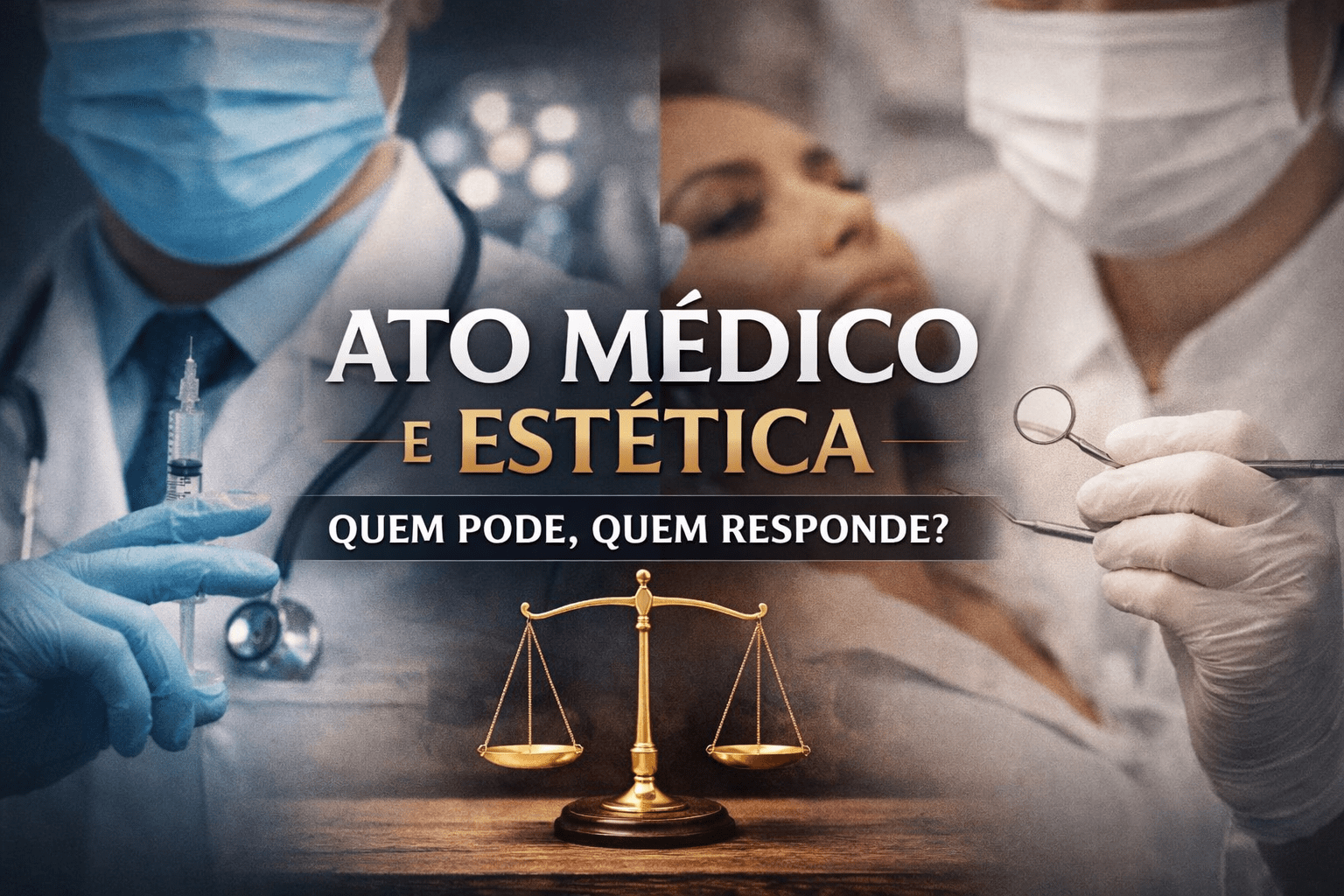 Comparação entre médico e dentista em procedimentos estéticos com símbolo da justiça, representando responsabilidade e segurança jurídica