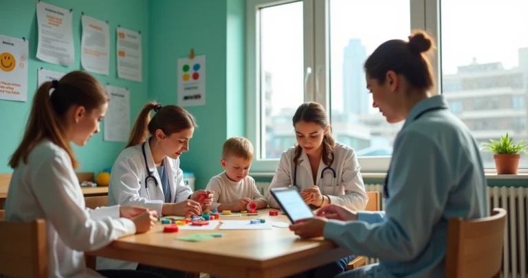Criança em terapia com equipe multidisciplinar de saúde em consultório