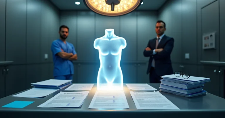 Mesa cirúrgica sob luz destacando silhueta de corpo humano e documentos de plano de saúde e leis ao redor