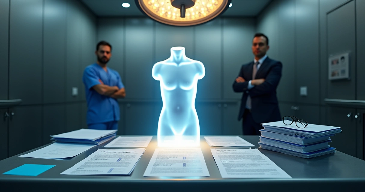 Mesa cirúrgica sob luz destacando silhueta de corpo humano e documentos de plano de saúde e leis ao redor