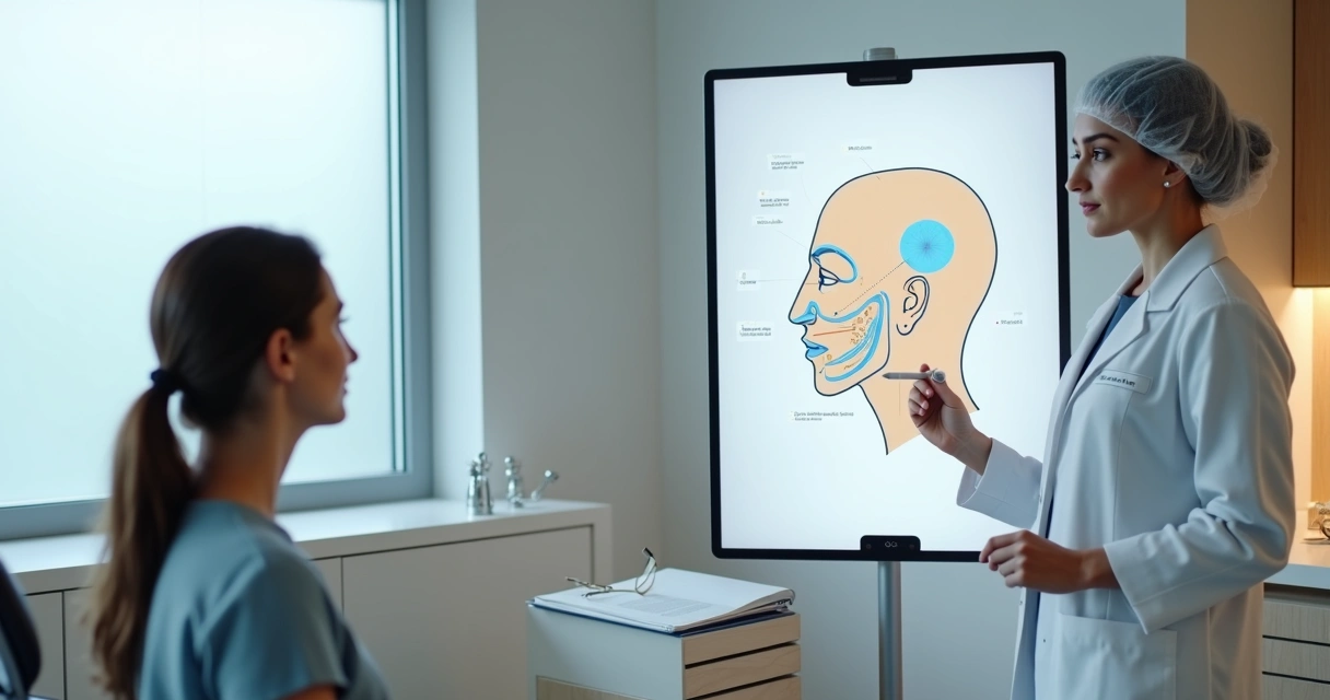 Cirurgiã-dentista analisando rosto de paciente em painel digital de planejamento orofacial