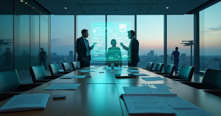 Equipe administrativa de hospital analisando painel digital de compliance com documentos ao fundo