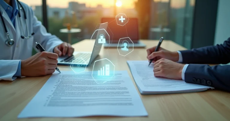 Equipe médica e jurídico revisando contrato de serviços com dados digitais em destaque