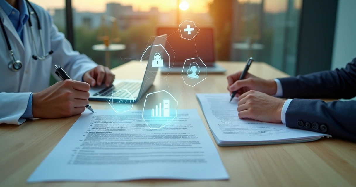 Equipe médica e jurídico revisando contrato de serviços com dados digitais em destaque