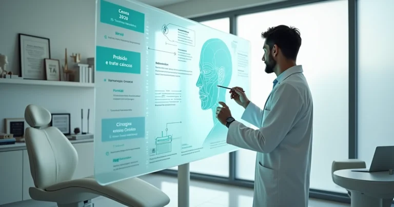 Dentista apontando para painel digital com normas da odontologia estética