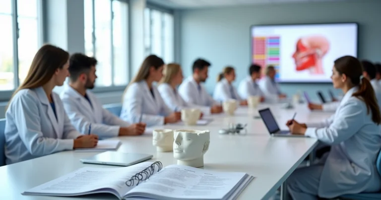 Sala de aula moderna com dentistas estudando cirurgia estética orofacial