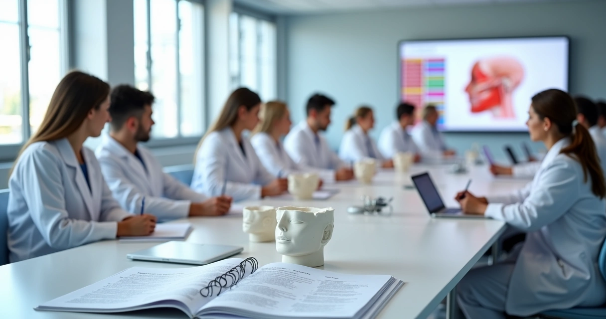 Sala de aula moderna com dentistas estudando cirurgia estética orofacial