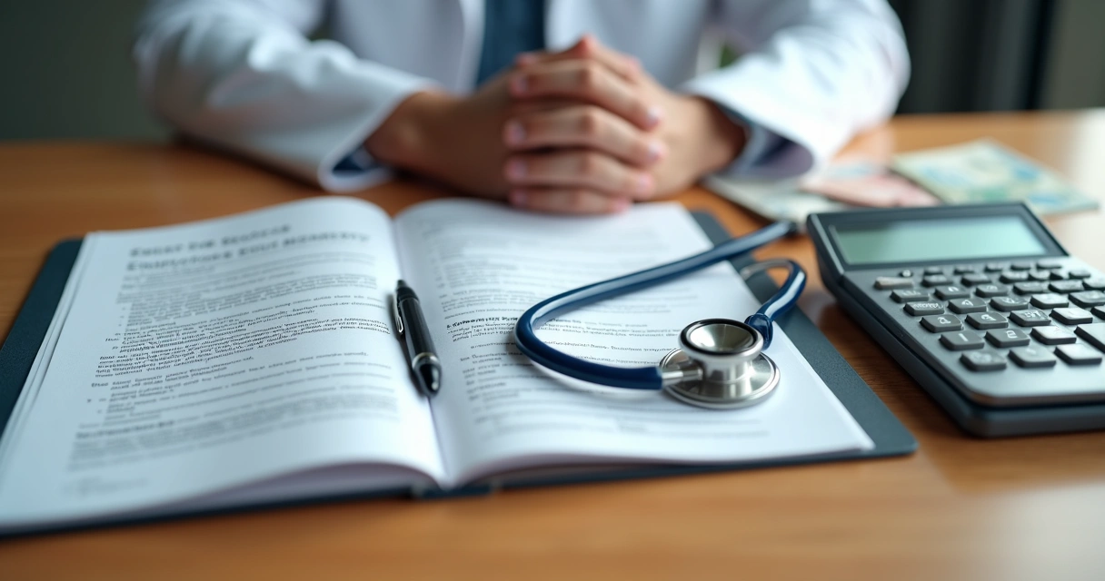 Mesa de consulta com estetoscópio, calculadora, dinheiro e código de ética médica