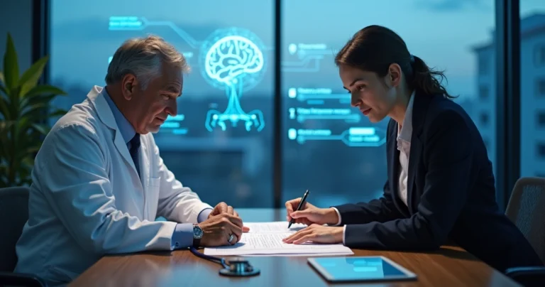 Médico em consultório assinando contrato sobre tecnologia de IA com elementos digitais ao fundo