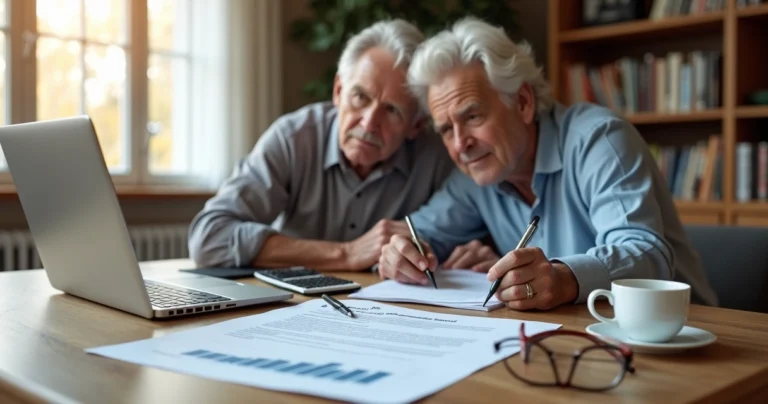 Casal idoso analisando contrato de plano de saúde com gráfico de aumento de valores