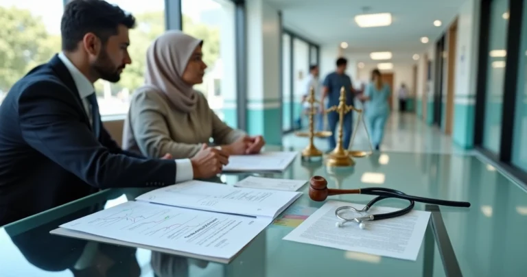 Advogado e paciente analisando documentos de ação judicial de tratamento oncológico em hospital