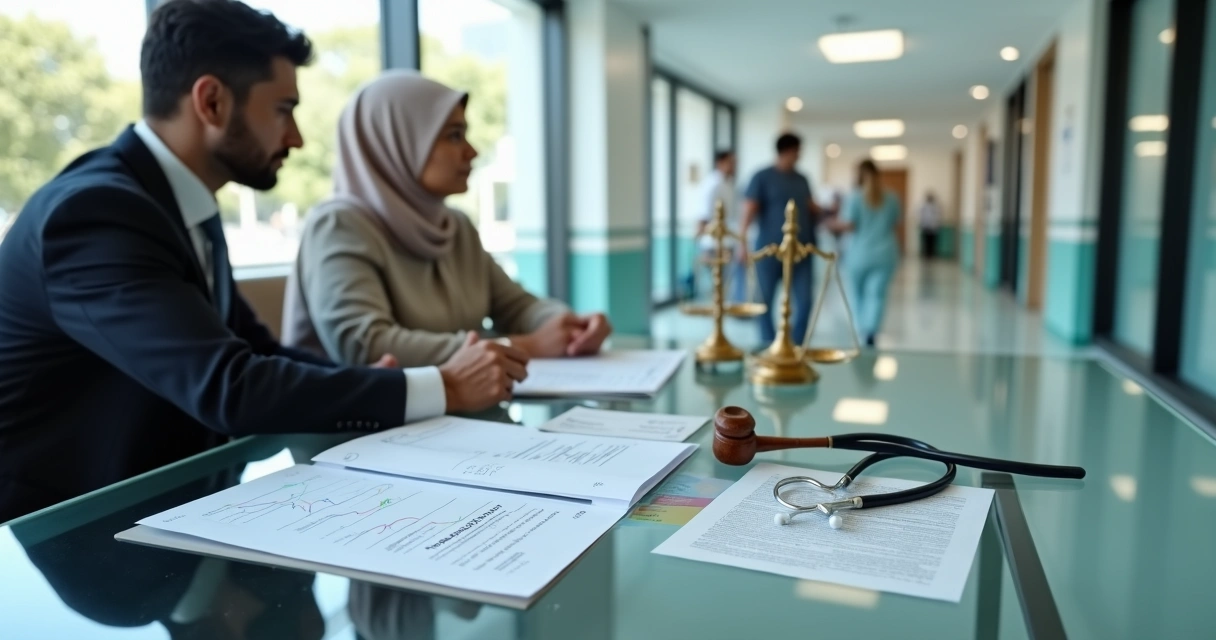 Advogado e paciente analisando documentos de ação judicial de tratamento oncológico em hospital
