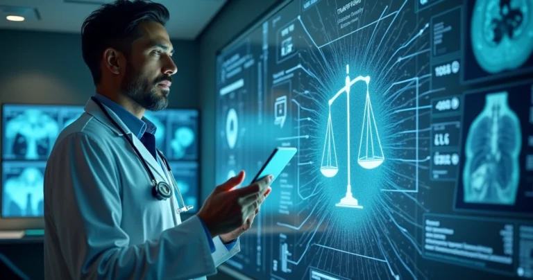 Médico observando painel digital com circuito em forma de balança e ícones de justiça e transparência