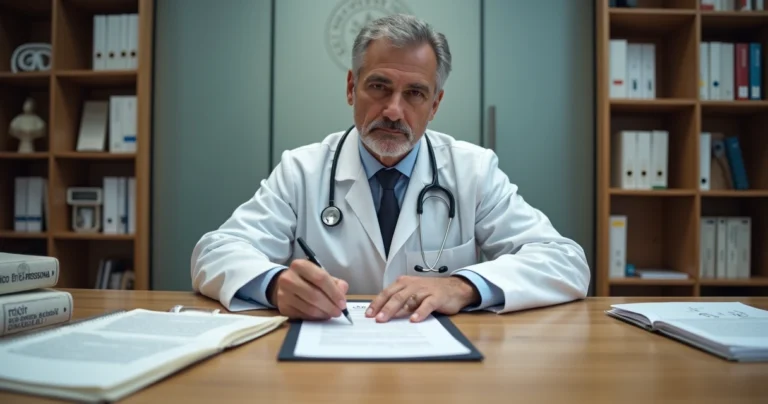 Médico redigindo defesa em processo ético frente a mesa com prontuário e código de ética