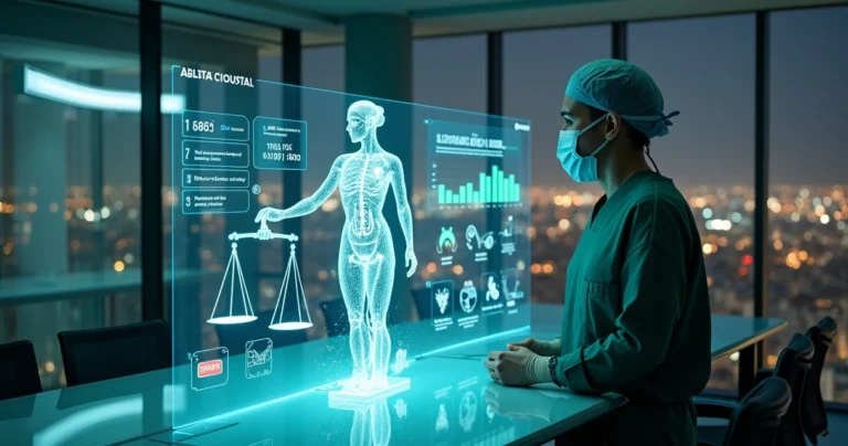 Cirurgião analisando projeção de inteligência artificial com balança de justiça ao fundo
