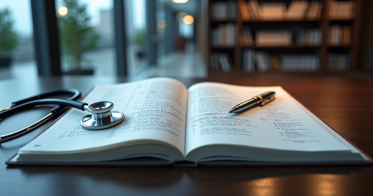 Prontuário médico aberto com símbolos jurídicos integrados às páginas