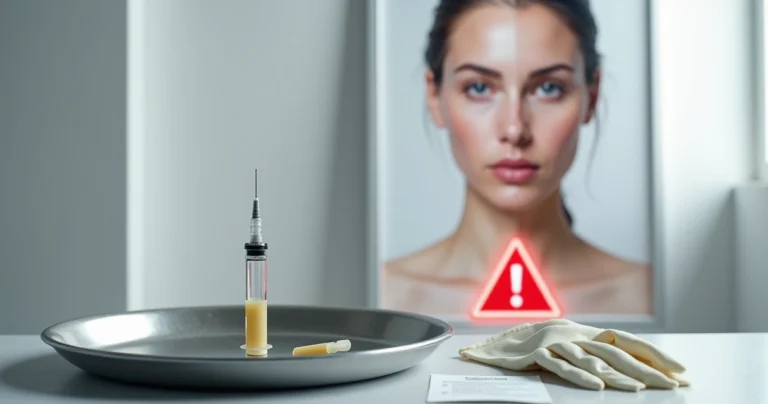 Seringa com substância amarelada ao lado de rosto feminino dividido entre beleza e alerta médico