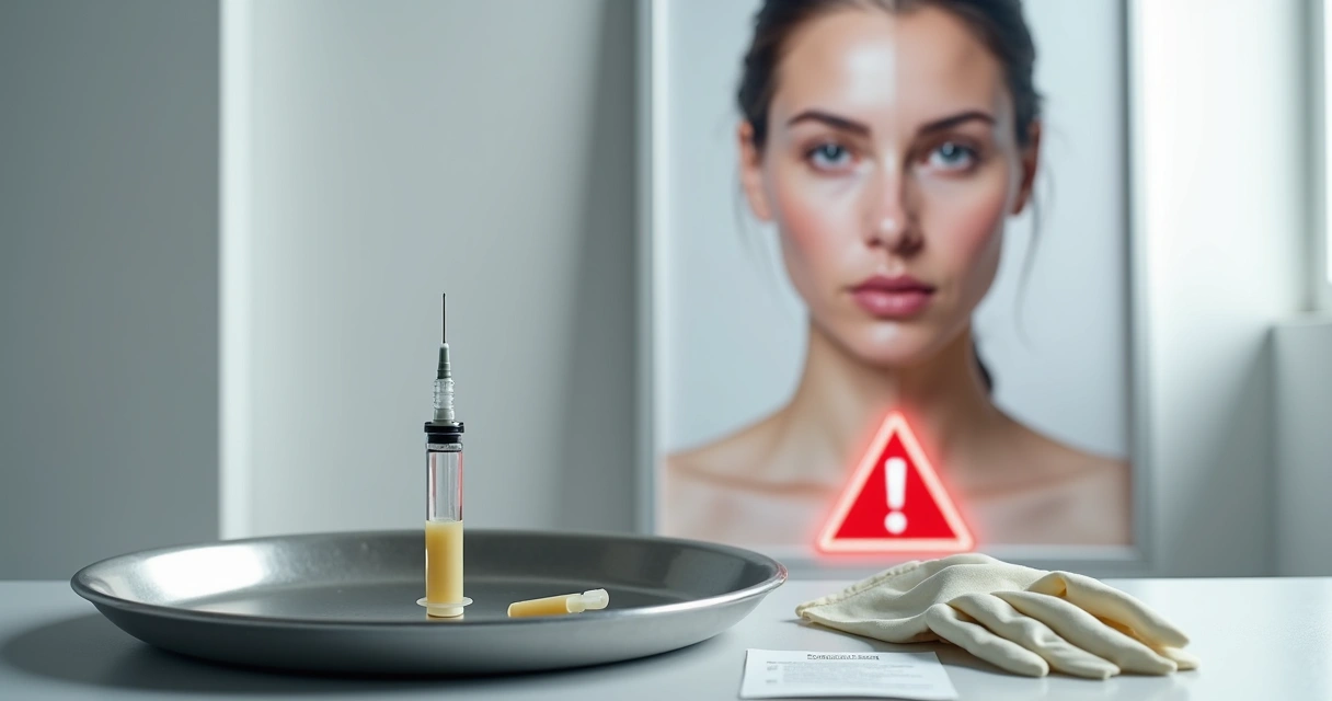Seringa com substância amarelada ao lado de rosto feminino dividido entre beleza e alerta médico