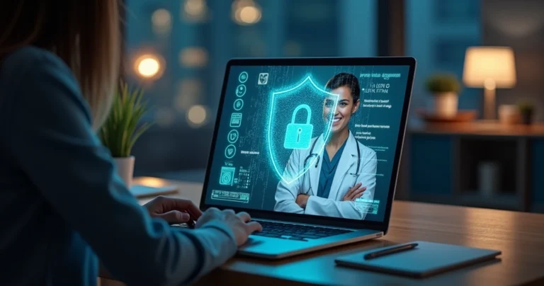 Tela de telemedicina com médico e paciente sobrepostos por cadeado digital