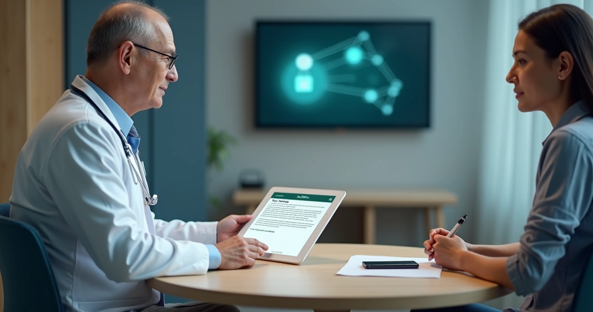 Médico mostra tablet com termo de consentimento enquanto paciente observa atentamente