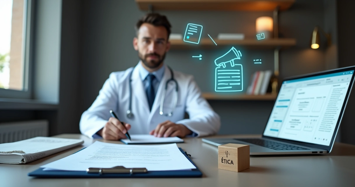 Três ícones representando TCLE, prontuário e publicidade ética ligados a médico em consultório