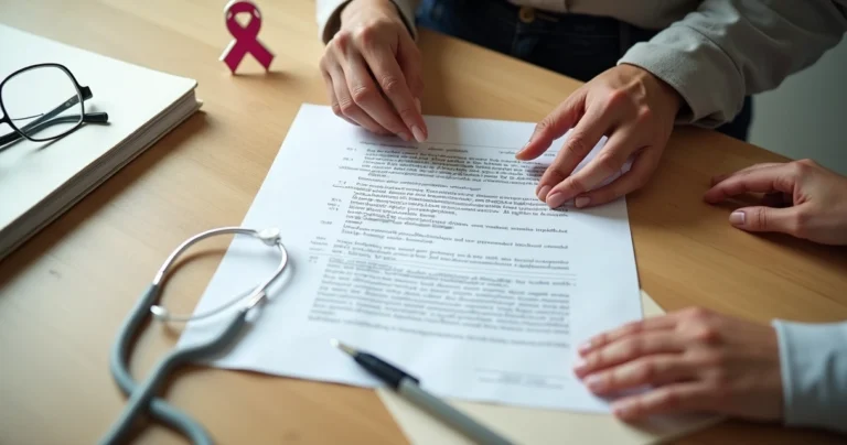Mãos apoiadas sobre mesa segurando documento de tratamento oncológico