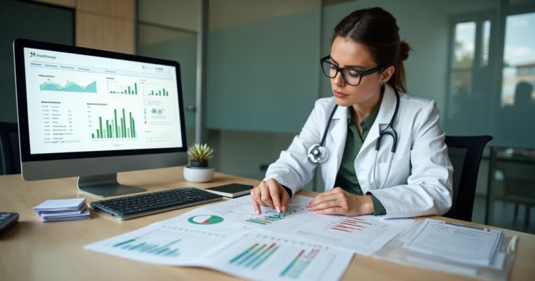 Gestora de clínica avalia gráficos de faturamento em mesa com documentos de planos de saúde