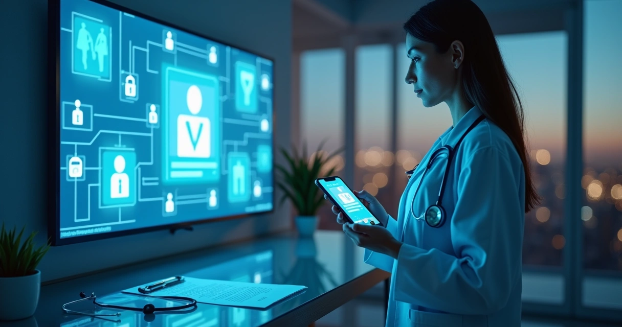 Médica segurando smartphone com dados de paciente borrados em tela de rede social