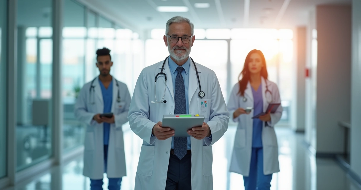 Médico líder acompanhando equipe em corredor de hospital moderno