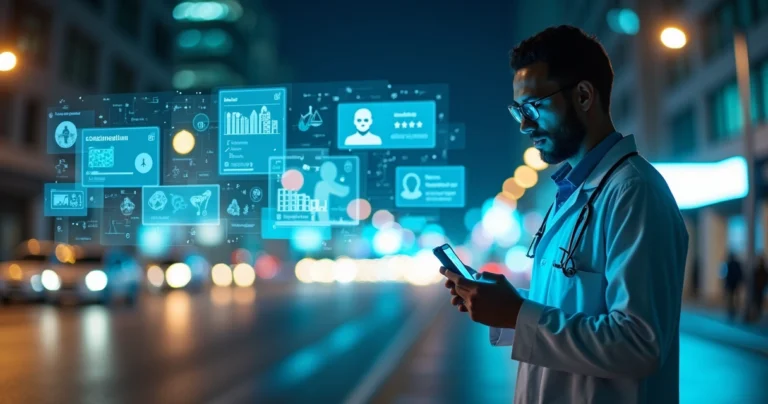 Médico olha preocupado para holograma de aplicativo de saúde em avenida noturna