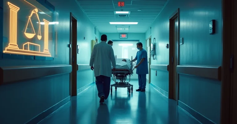 Médico de plantão atendendo emergência em corredor de hospital à noite