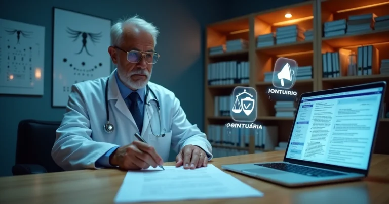 Médico revisando contrato ao lado de símbolos jurídicos digitais