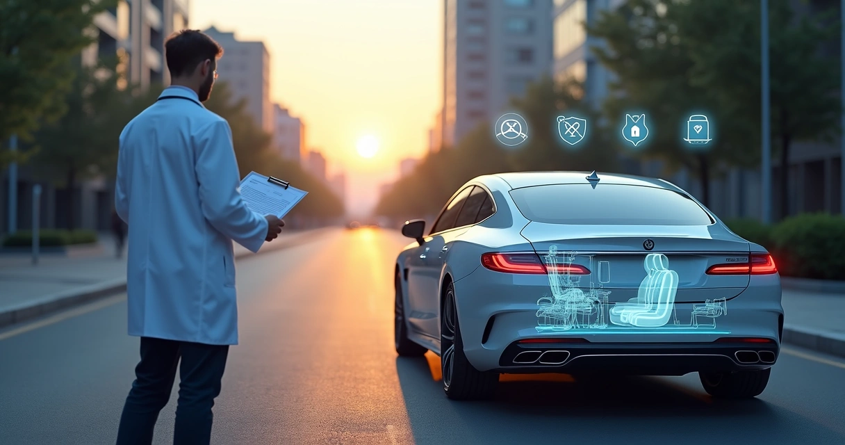 Médico ao lado de carro transparente com ícones de proteção em camadas