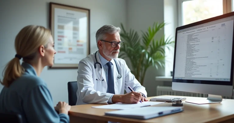 Médico sentado à mesa registrando decisão clínica em documento detalhado