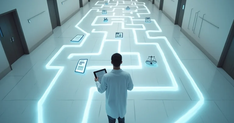 Médico observando caminho em forma de labirinto com ícones jurídicos em destaque