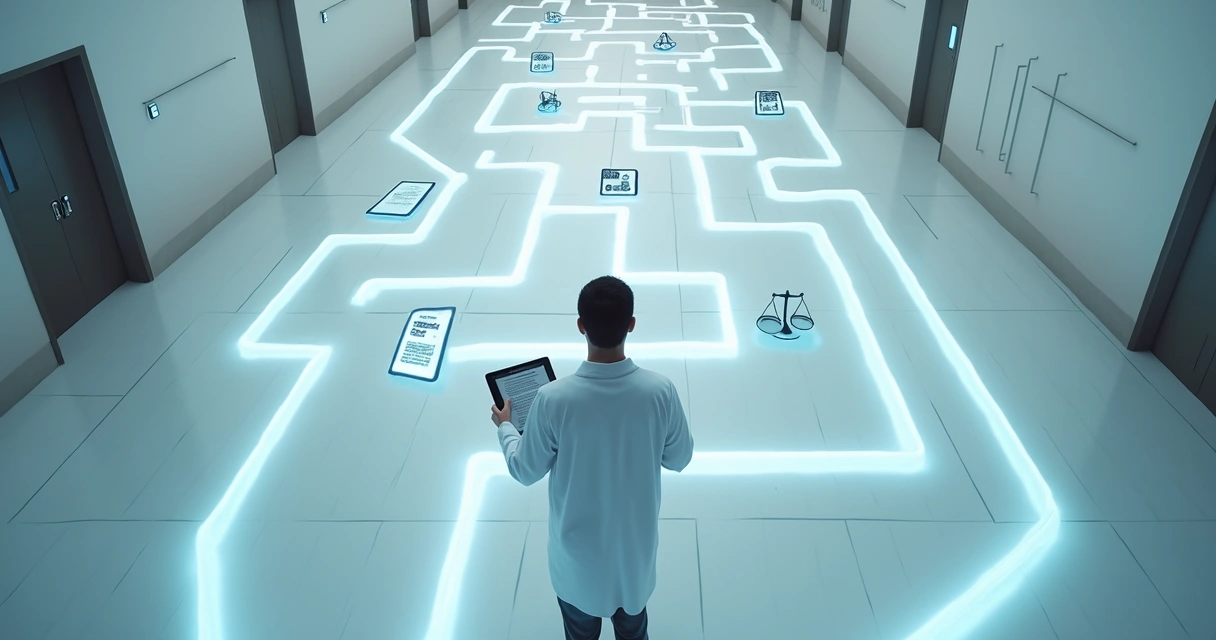 Médico observando caminho em forma de labirinto com ícones jurídicos em destaque