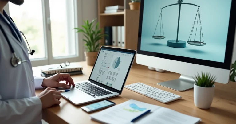Médico planejando conteúdo ético de marketing digital em vários dispositivos