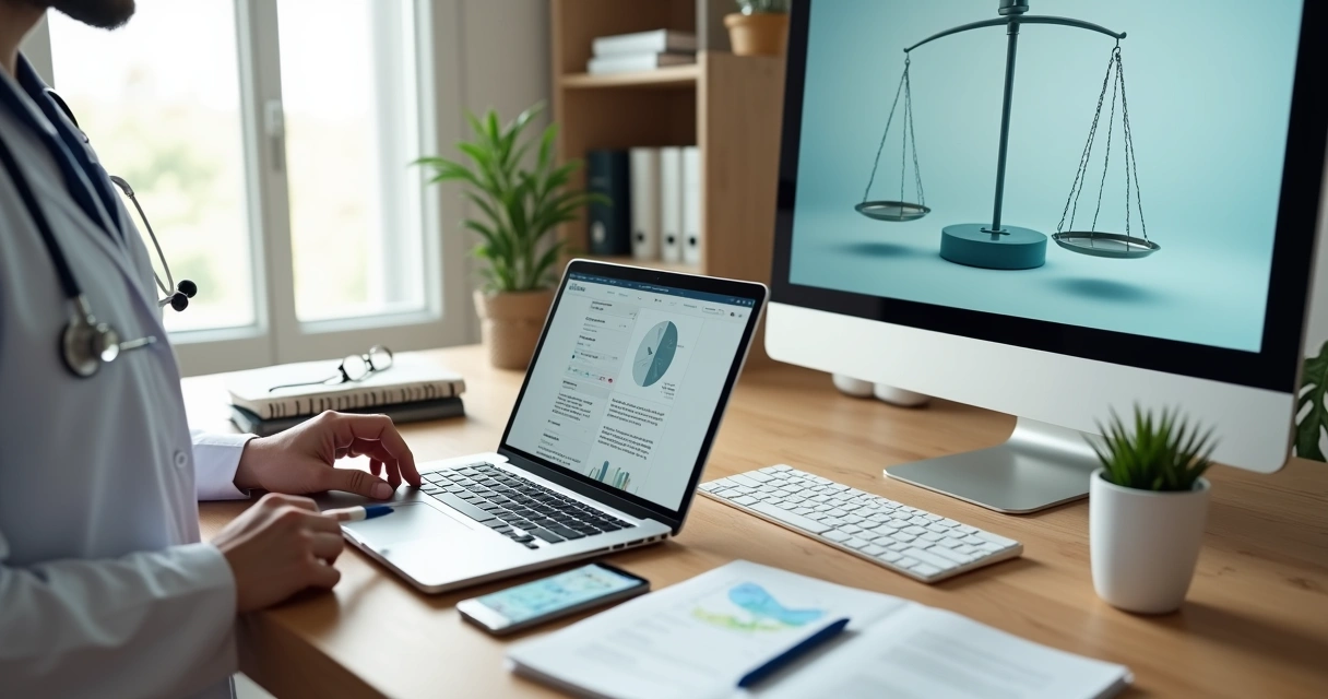 Médico planejando conteúdo ético de marketing digital em vários dispositivos