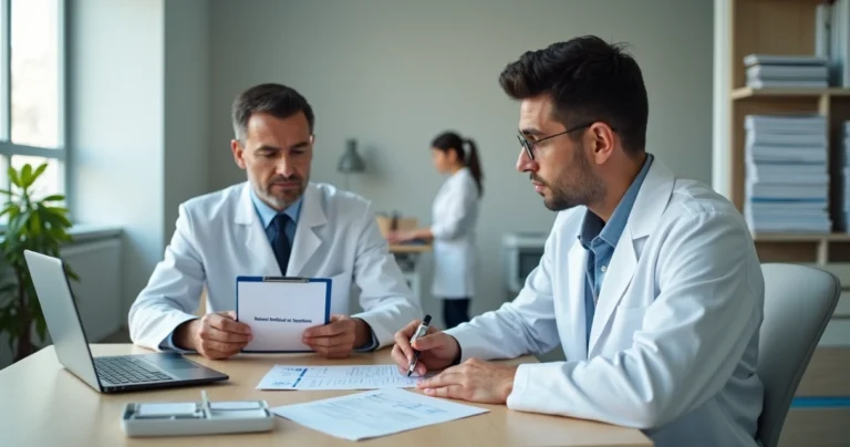 Médico orientando paciente sobre formulários de reembolso em consultório organizado