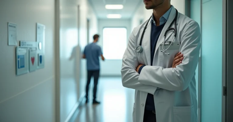 Médico em postura firme diante de porta de consultório fechada com paciente agitado ao fundo