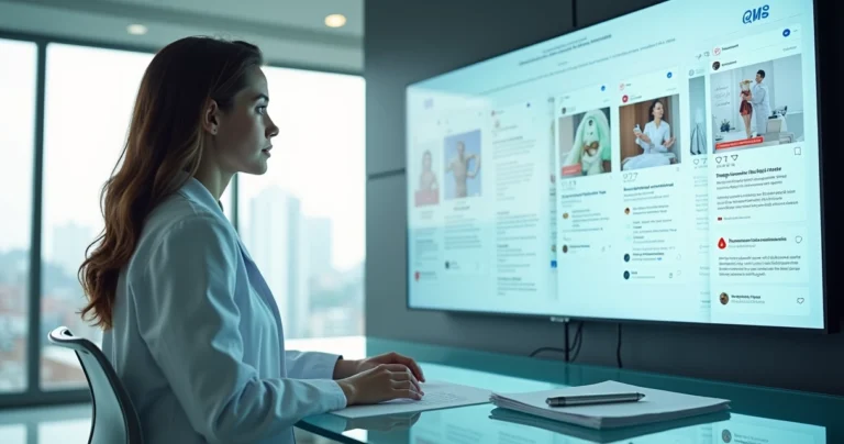 Médica analisa painel com posts nas redes sociais e ícones de alerta ético