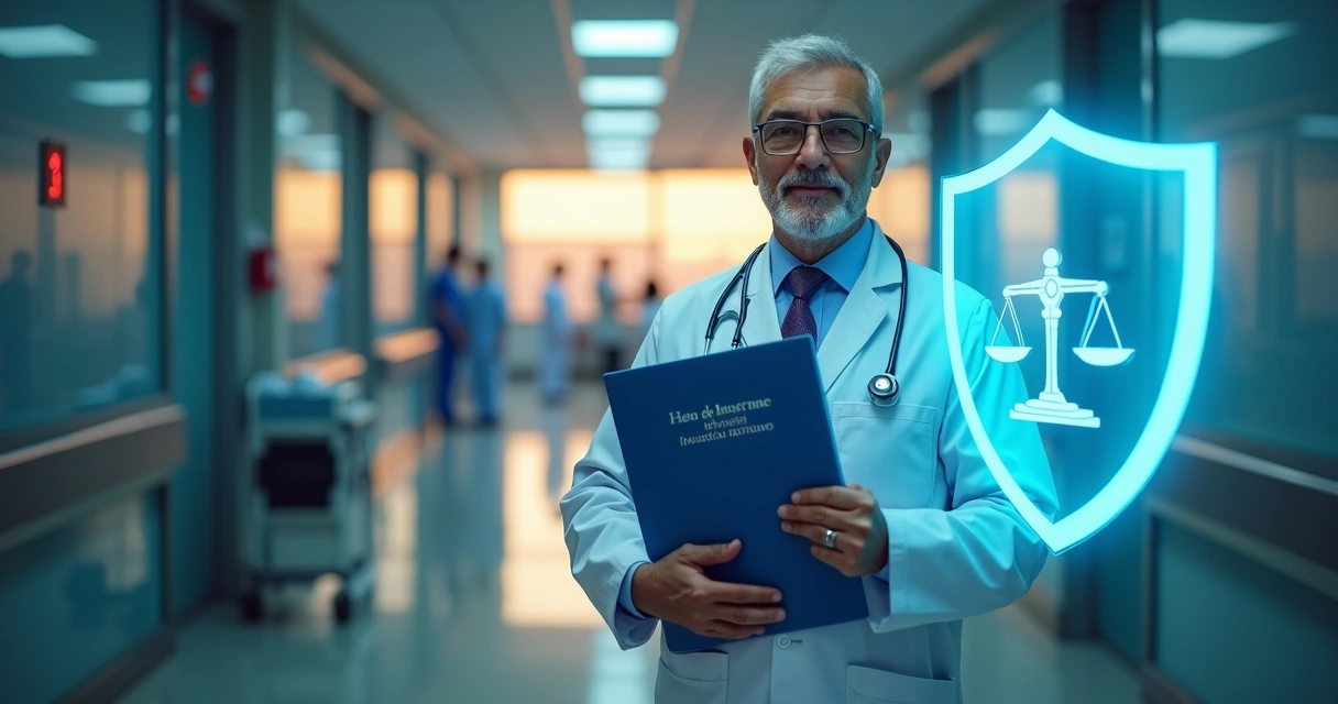 Médico segura apólice de seguro ao lado de escudo luminoso em ambiente hospitalar