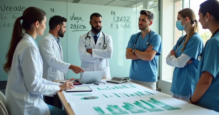 Grupo de médicos e dentistas analisando gráficos de salário em sala de reunião moderna