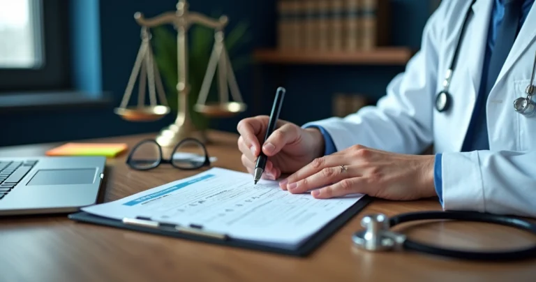 Médico preenchendo prontuário médico detalhado em mesa com símbolos jurídicos ao fundo