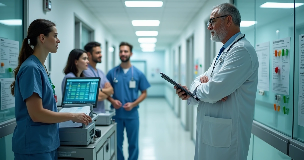 Líder médico supervisiona equipe analisando prontuário em unidade de internação moderna