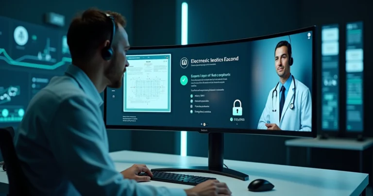 Tela com sessão de telemedicina e ícones de segurança de dados em destaque