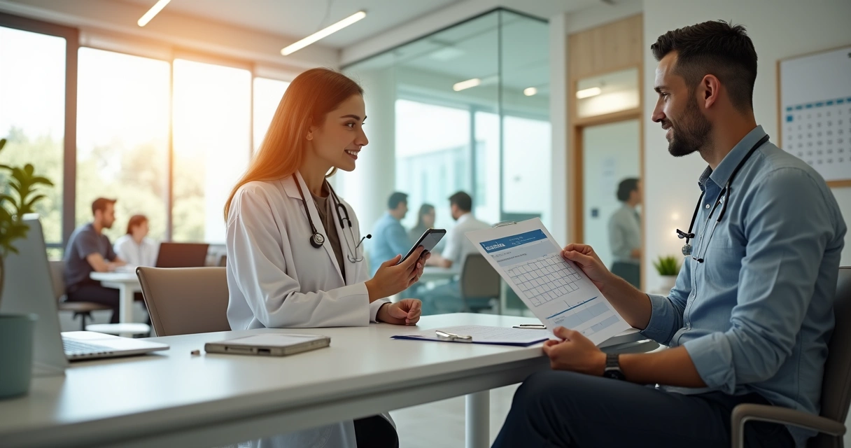 Trabalhador em escritório conferindo calendário enquanto mostra atestado ao médico