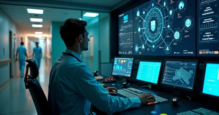 Médico em sala de monitoramento controlando painel de gestão de risco